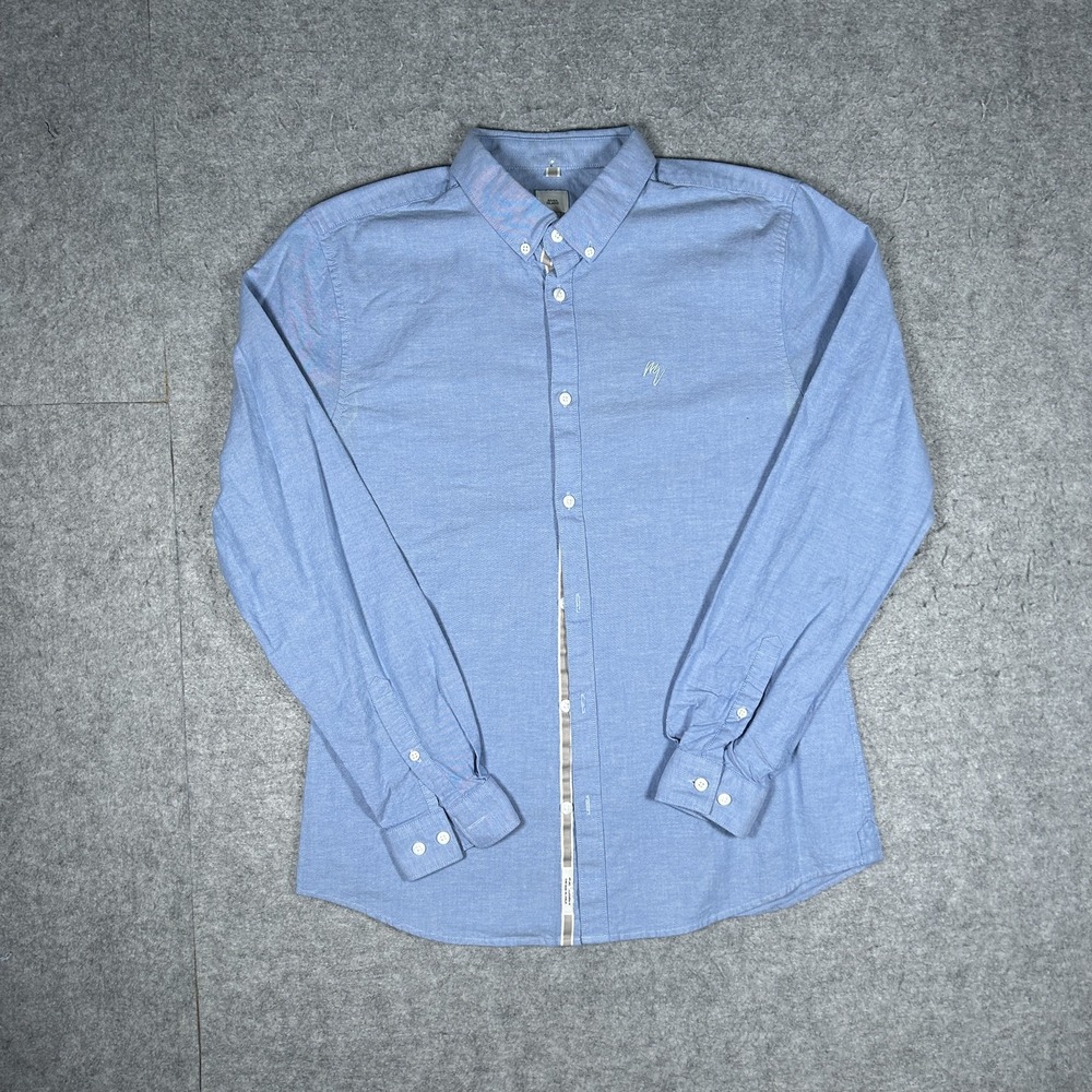 River Island Stretch Oxford Button Down Shirt Mens Medium Blue Long Sleeve Light